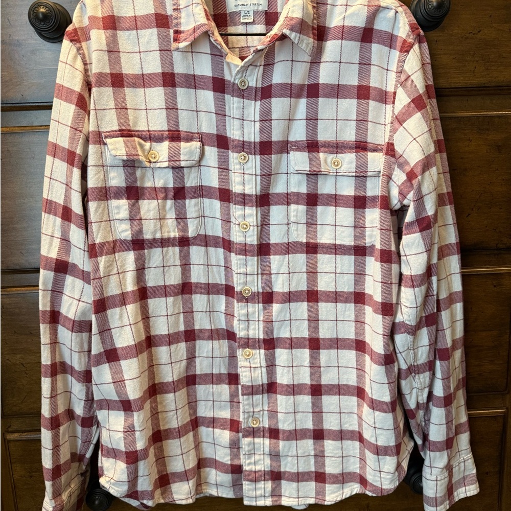 Lucky Brand Men's Red and Cream Plaid Shirt